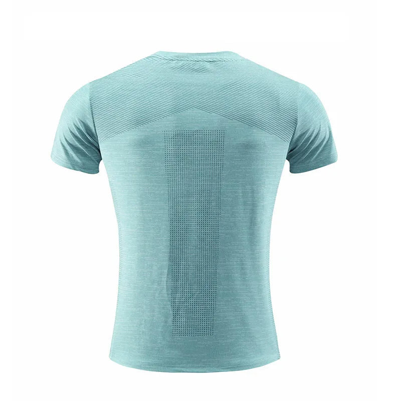 Men's red polyester spandex short sleeve sports t-shirt for running and basketball.