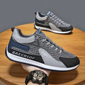 Men's grey and green mesh running shoes with round toe and lace-up front