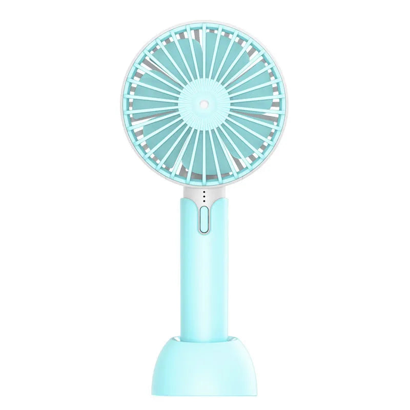 Blue portable USB electric fan with oscillation function and three-speed control on desktop