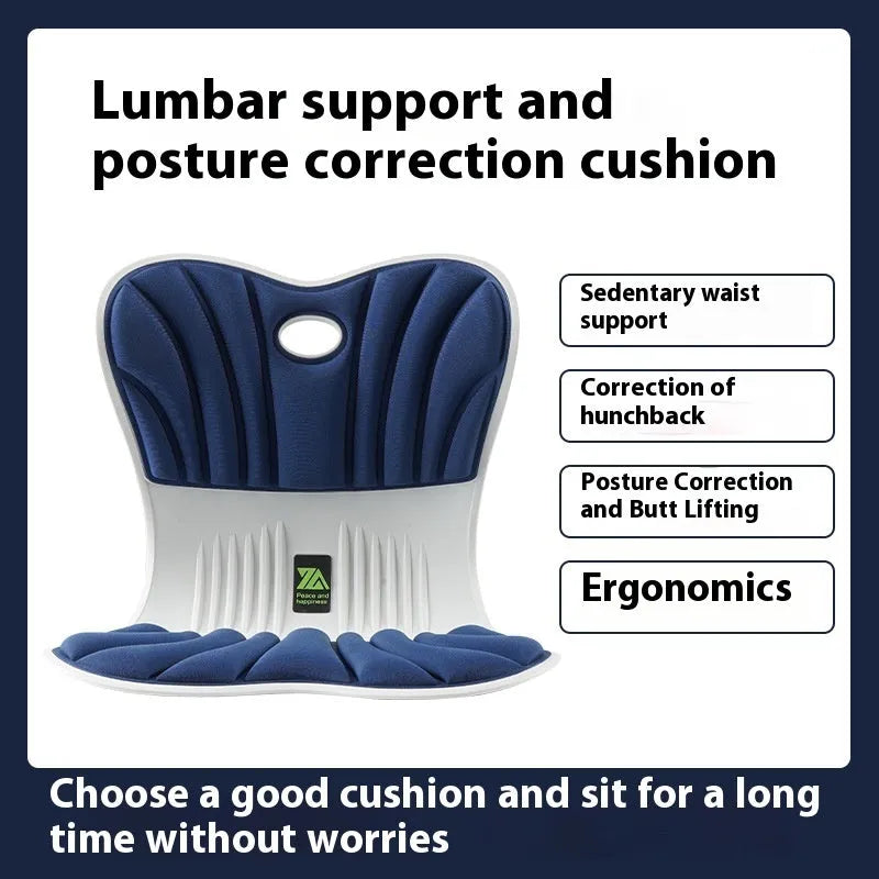 Grey ergonomic seat cushion for waist support and posture correction on an office chair.