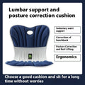 Grey ergonomic seat cushion for waist support and posture correction on an office chair.