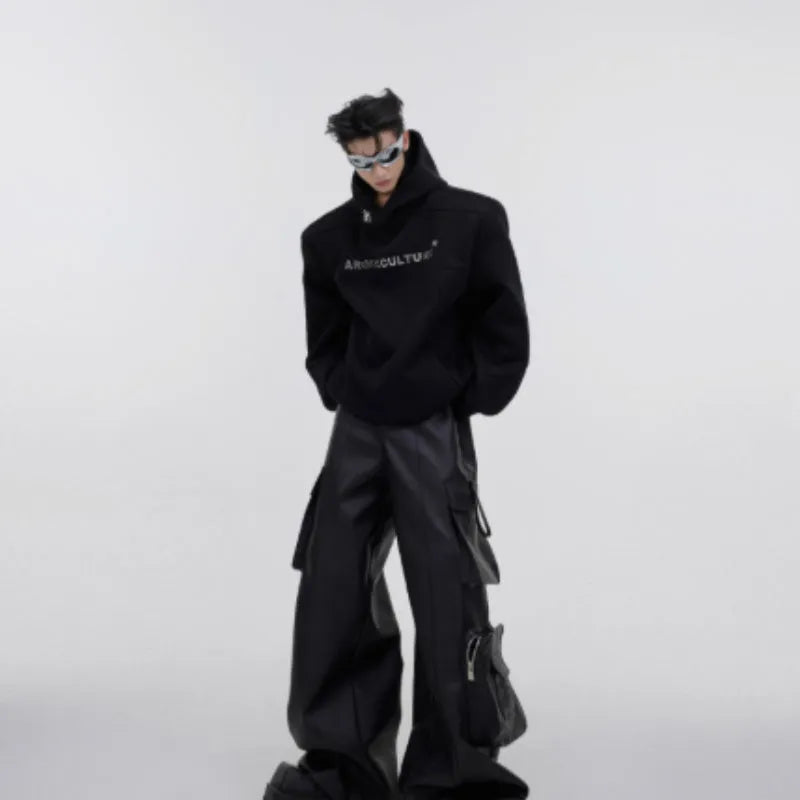 Men's red loose hooded sweater with heavy shoulder pads and metallic 3D printed graphic design
