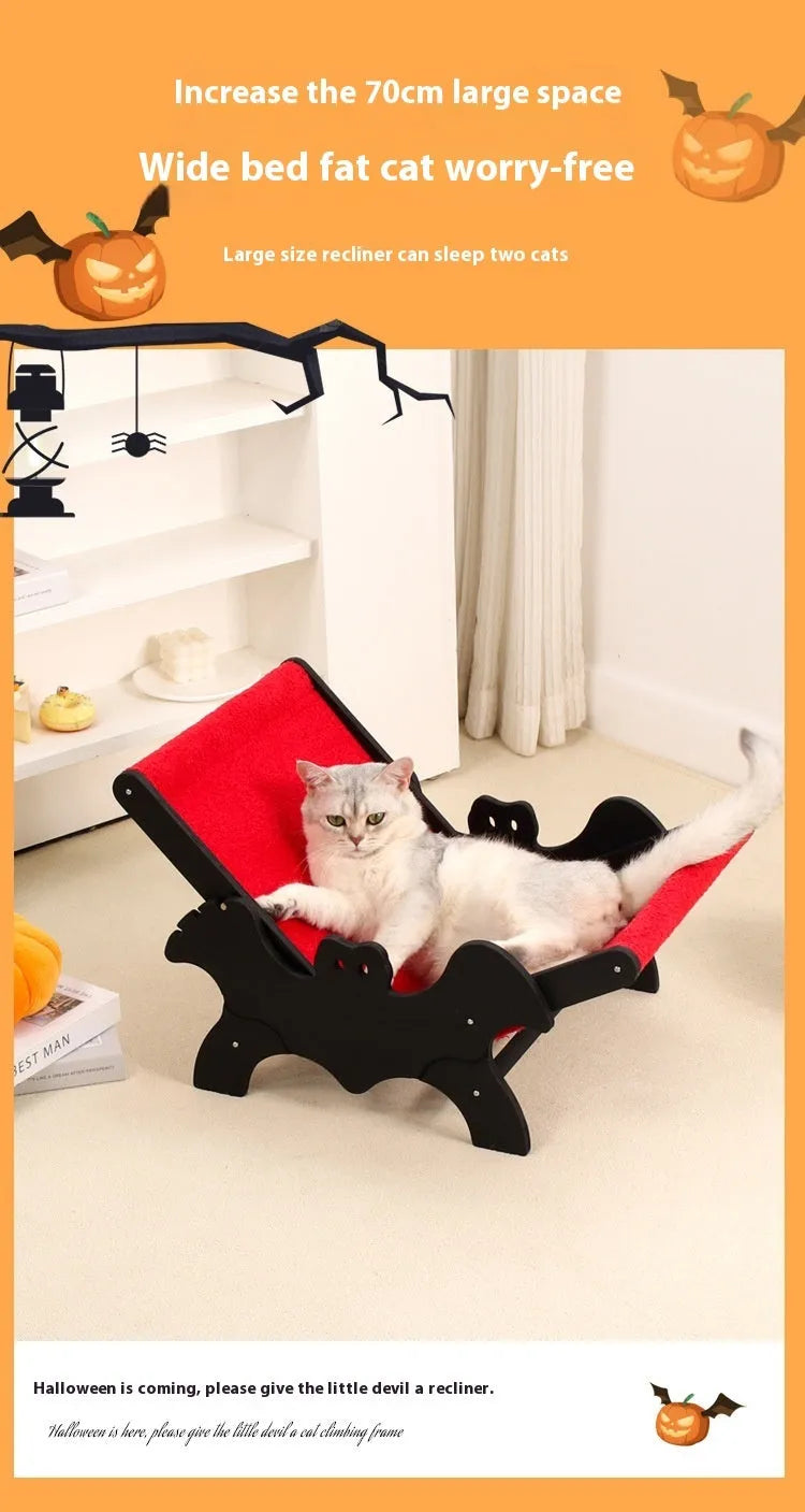 Wooden cat recliner with bat Halloween design in black or red colour for pet beds
