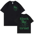 Linen loose-fit t-shirt with Rise And Grind green coffee bag cartoon graphic, shown in multiple colours.