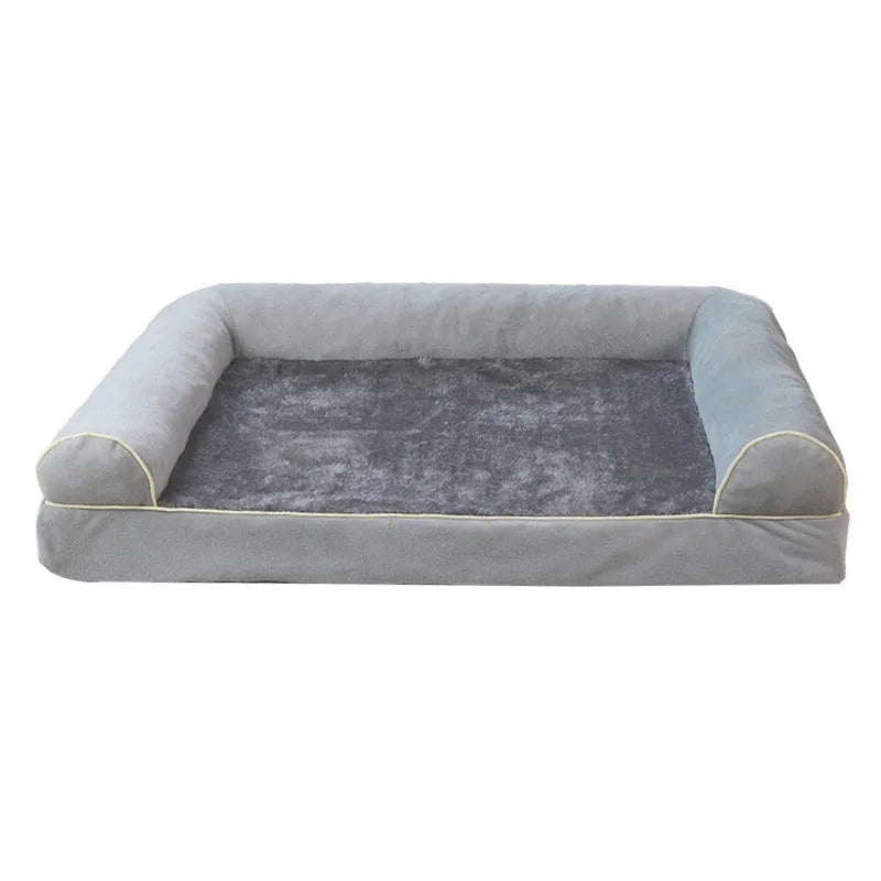 Square sponge dog bed with a breathable, washable cloth cover shown in a blue colour.