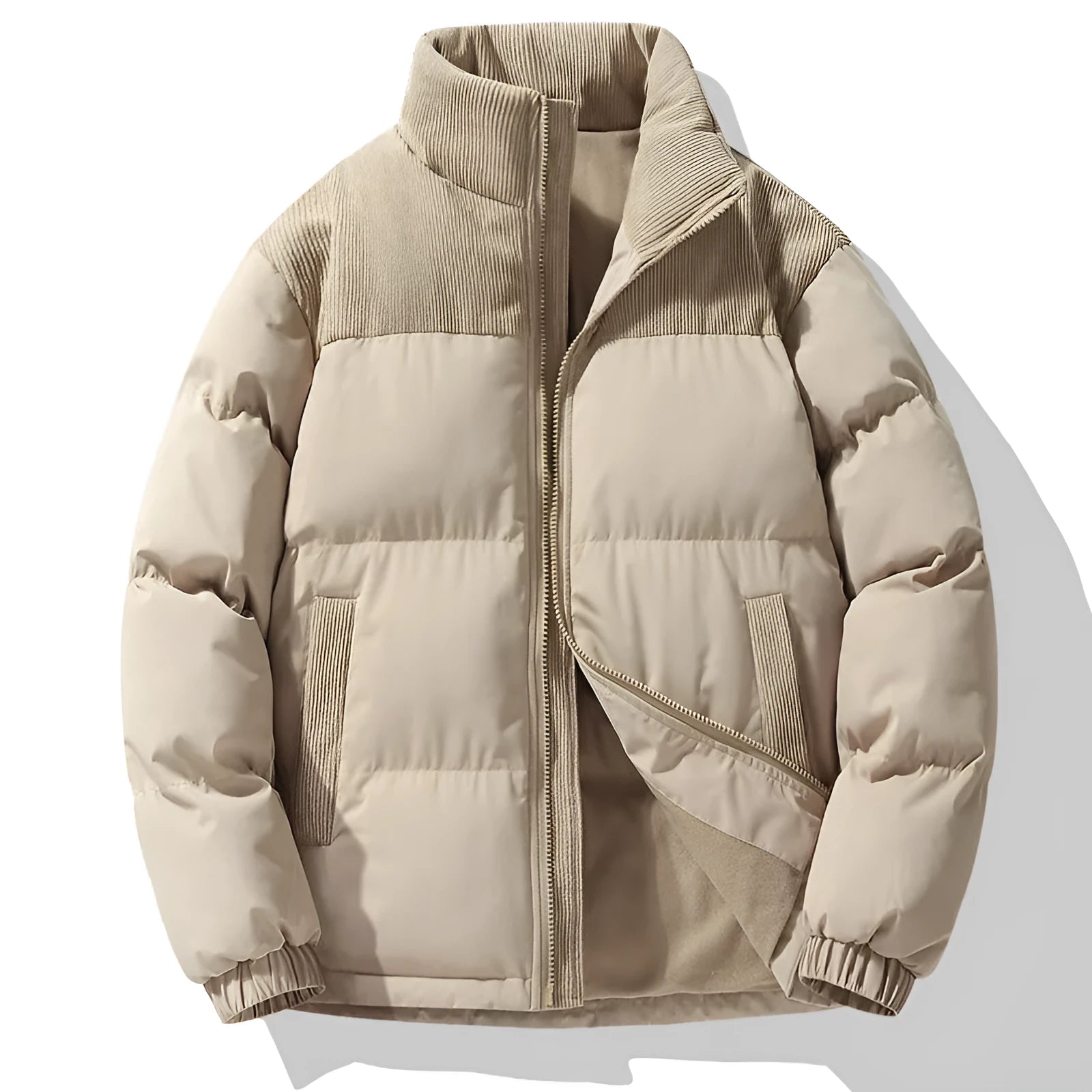 Unisex winter stand-collar padded coat in solid colour, loose fit, side seam pockets, polyester fabric