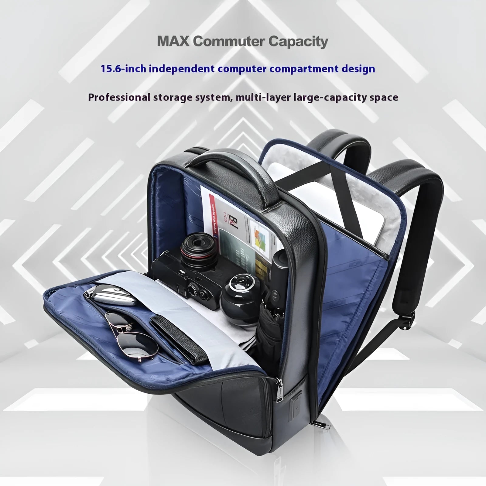 Black leather business backpack with USB charging port and curved shoulder straps