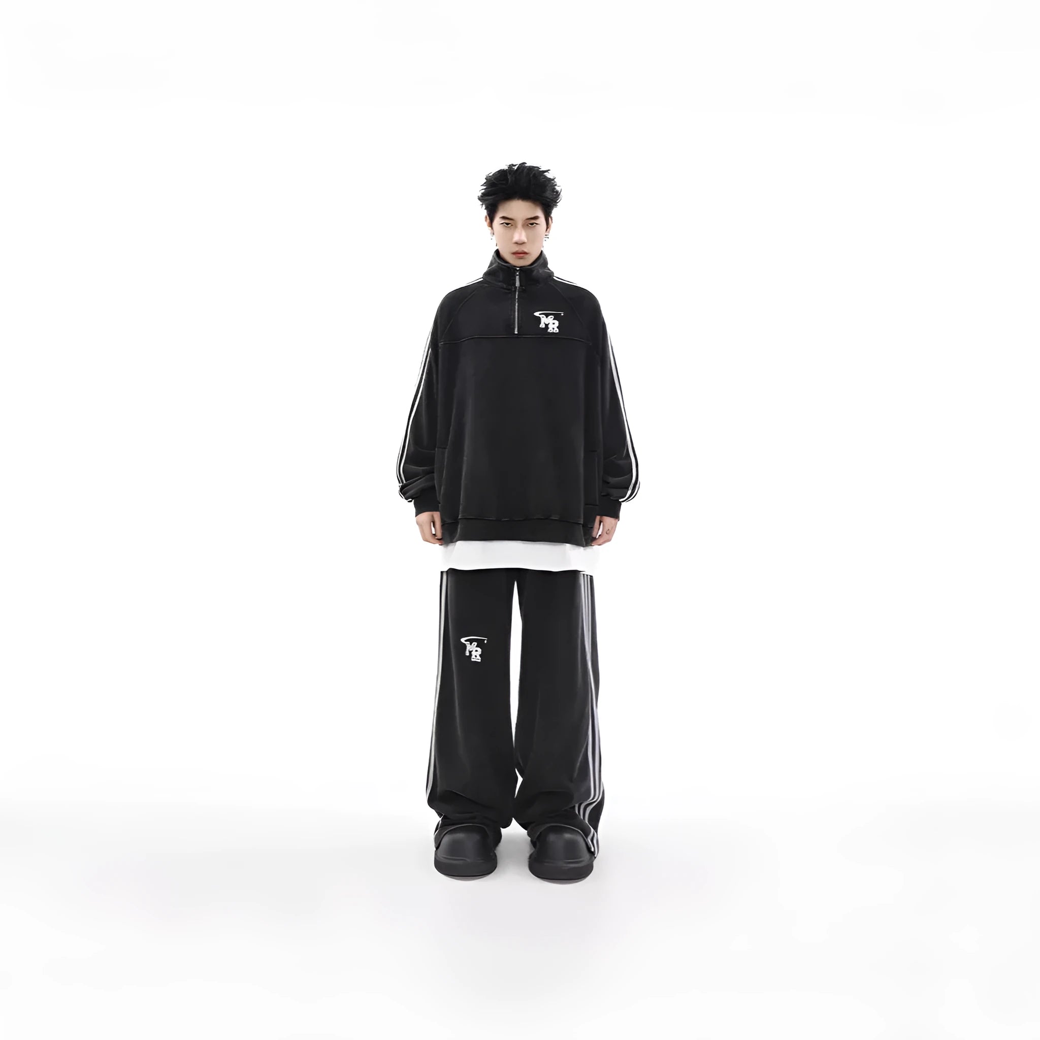 Black stand collar hoodie with long sleeves and Hong Kong style design