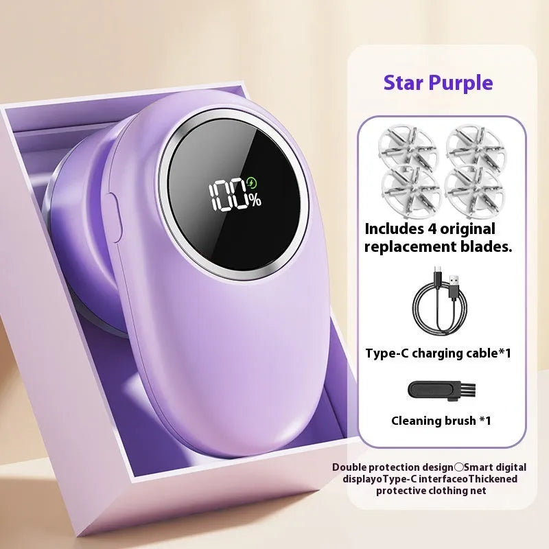 Beige and purple digital fur ball trimmer lint removers with one, two, three, and four cutter head options on a table.