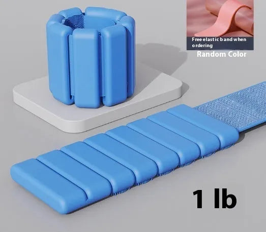 Adjustable silicone fitness bracelet with detachable 1lb or 2lb weight options in pink, black, grey and blue.