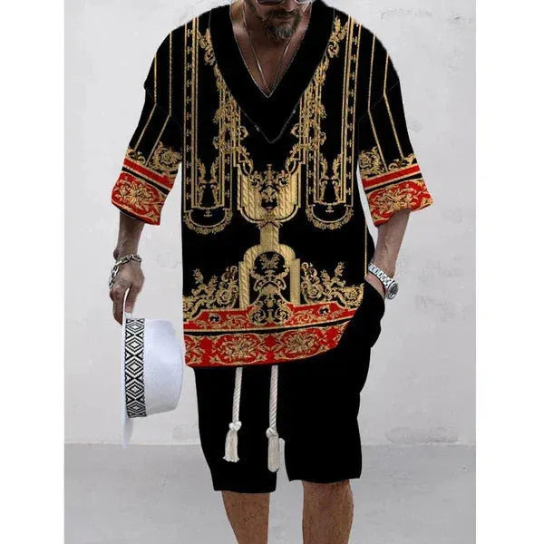 Men's casual short sleeve suit set with loose-fitting top and elastic waist shorts in solid colour
