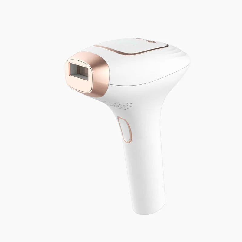 Pink and white laser hair removal device with ice-sensing technology, protective glasses, and charging accessories