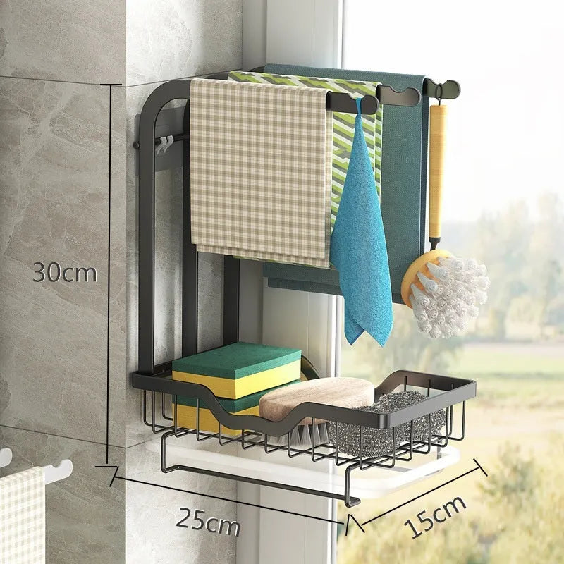 Foldable kitchen storage rack for draining rags with wall or tabletop mounting options