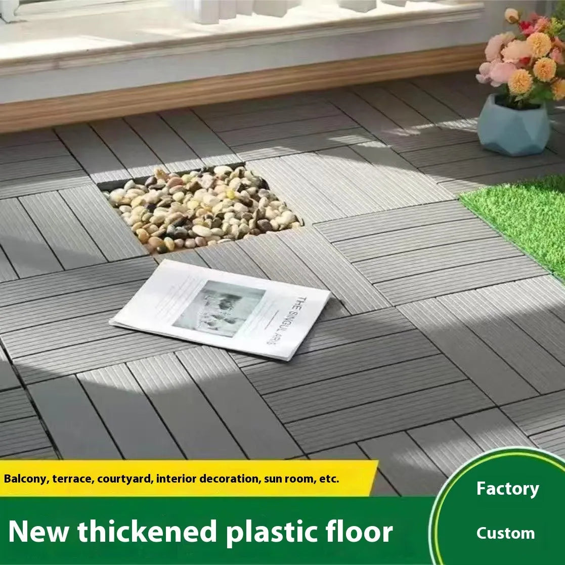 Wood grain plastic floor tiles in brown, grey and orange colours showing non-slip texture