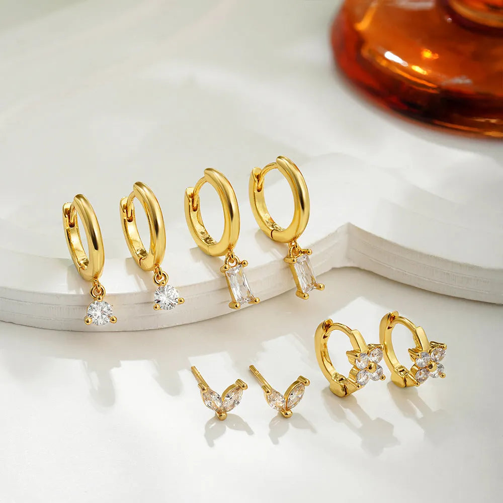 Four pairs of women's geometric square earrings with gold electroplated finish and zircon detailing