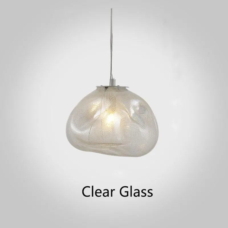 Postmodern light luxury glass chandelier in clear, amber, or smoke grey, showing 200mm and 300mm size options.