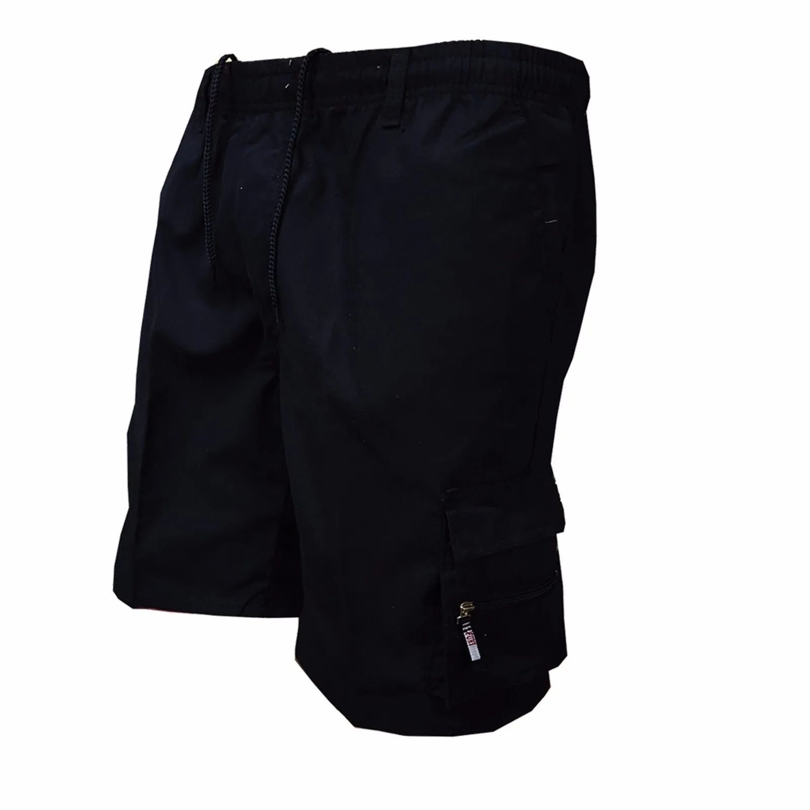 Men's khaki cotton casual shorts with multiple pockets and a drawstring waistband.