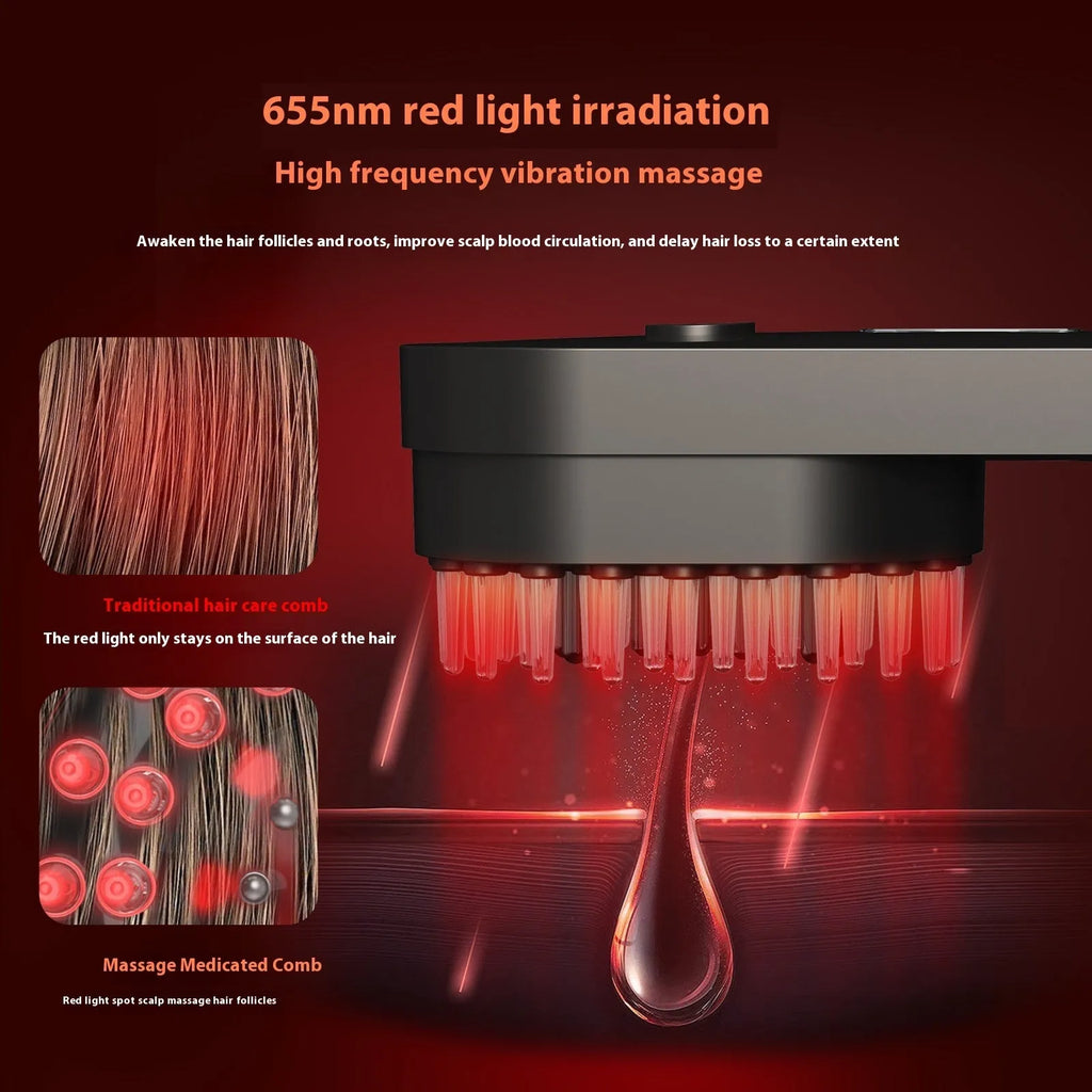 Pink and black smart massage comb with red light therapy for head care, less than 10cm long