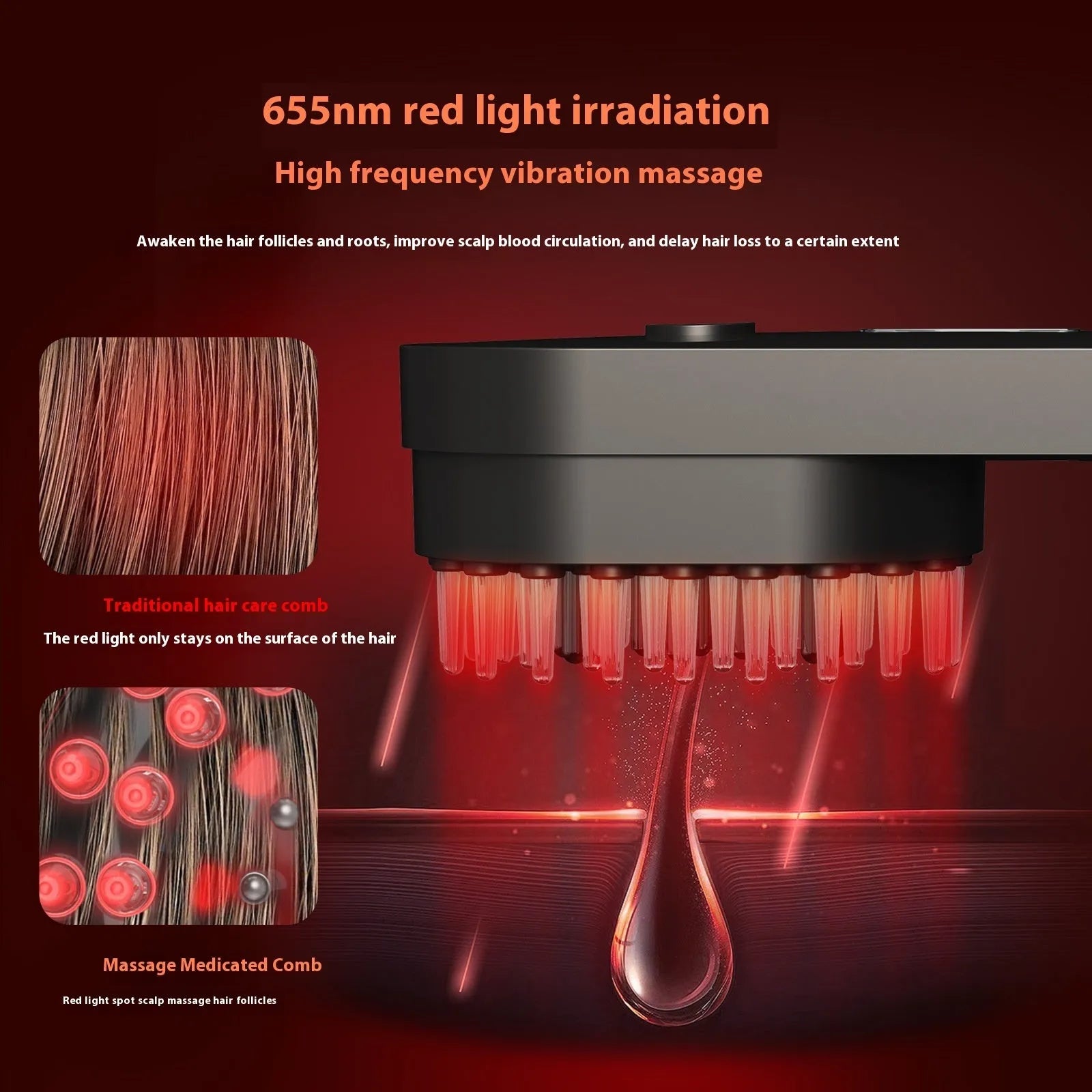 Pink and black smart massage comb with red light therapy for head care, less than 10cm long