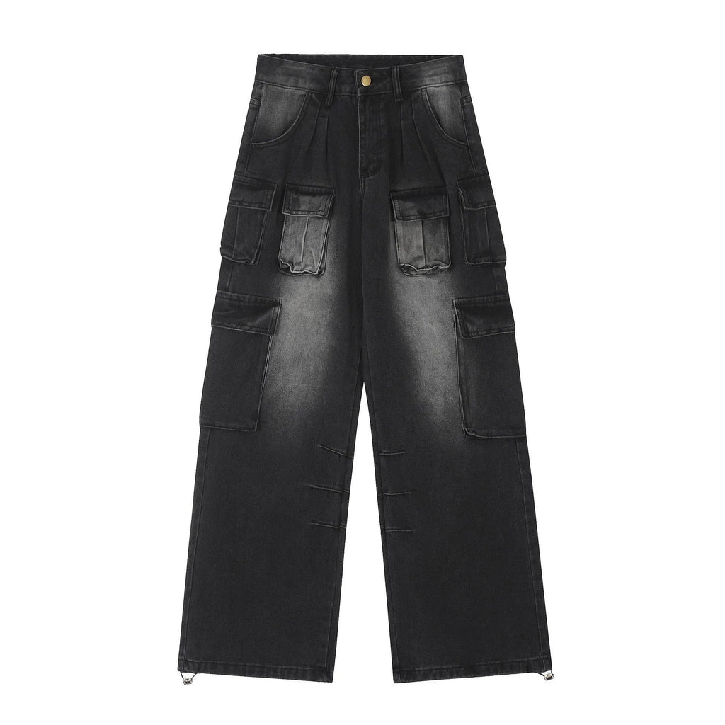 Men's loose fit straight leg distressed denim jeans with multiple pockets in tooling design