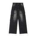 Men's loose fit straight leg distressed denim jeans with multiple pockets in tooling design