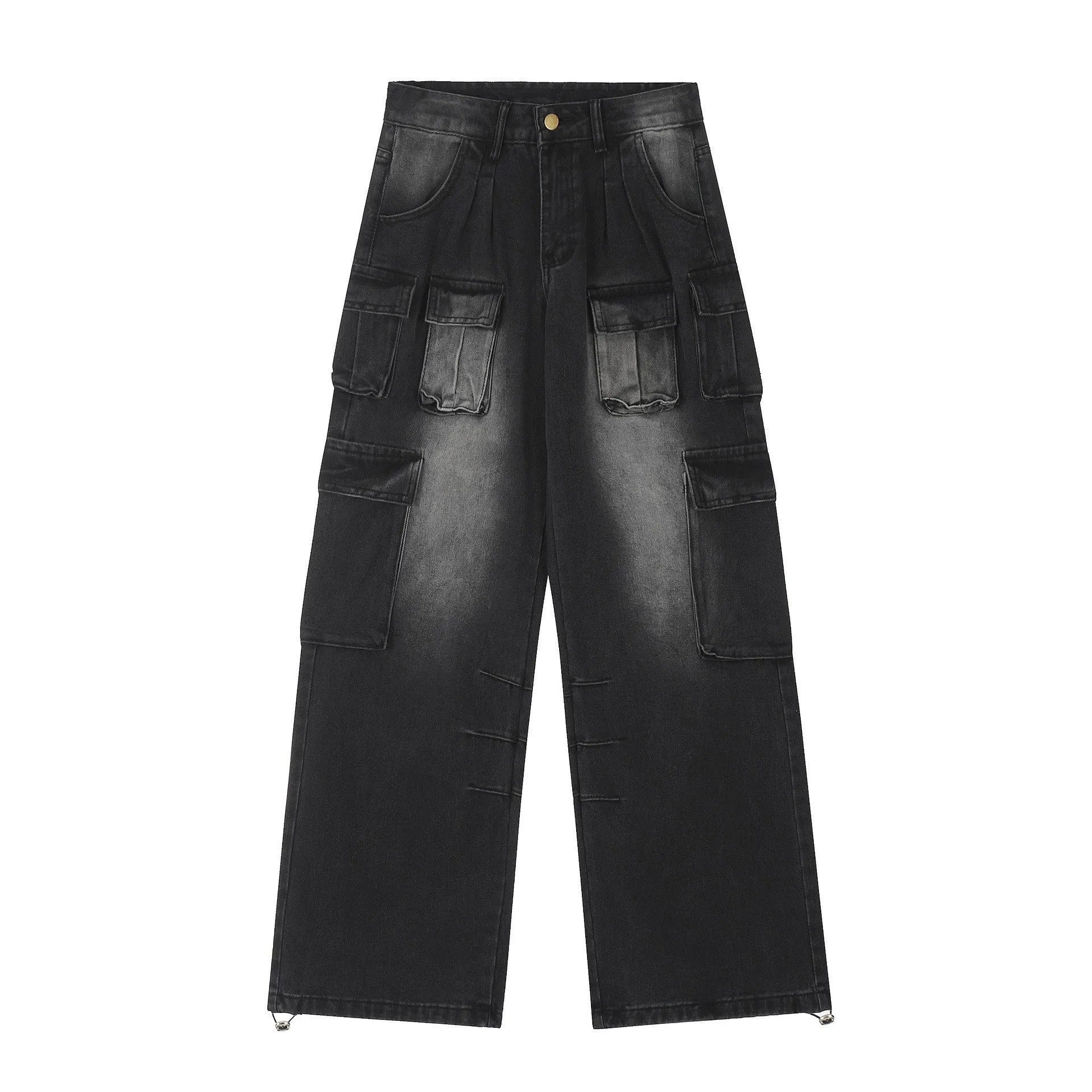 Men's loose fit straight leg distressed denim jeans with multiple pockets in tooling design