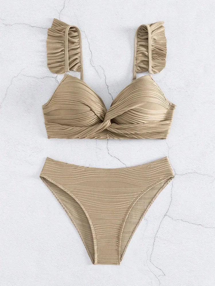 Women's solid colour bikini swimsuit in polyester fibre available in black or khaki