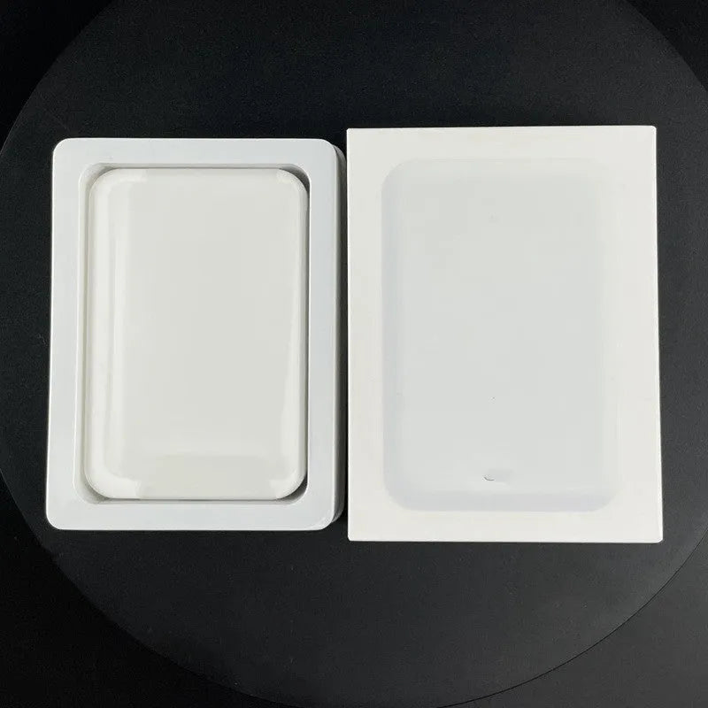 White magnetic wireless charger power bank with creative design showing dimensions 100x65mm