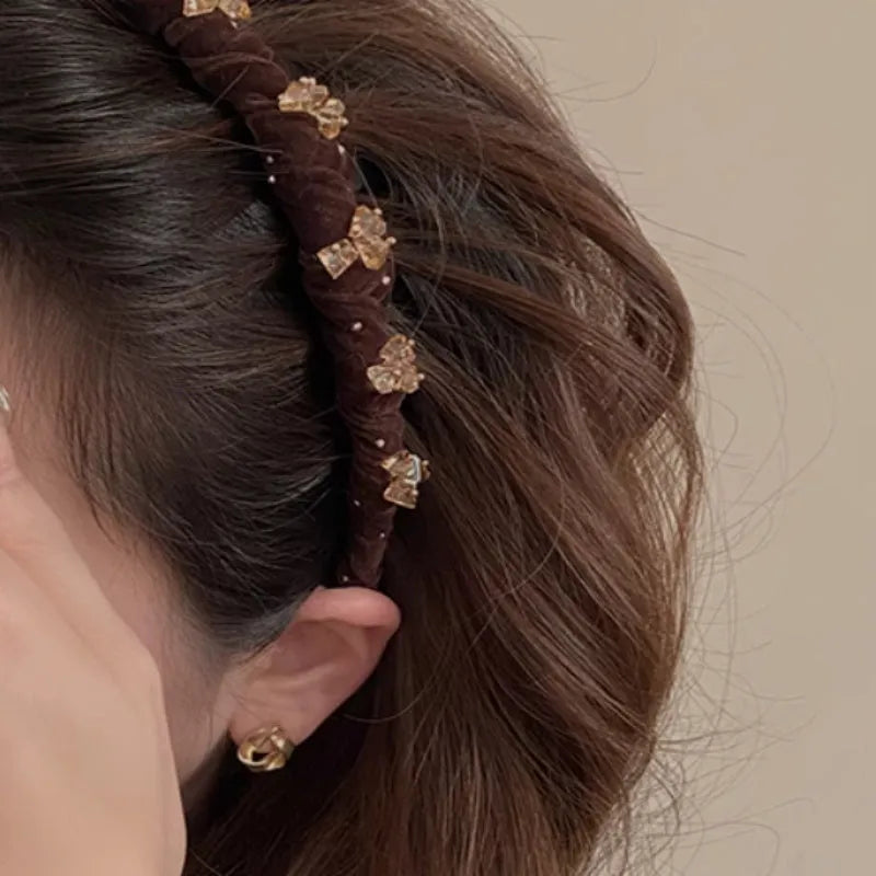 French velvet crystal wave hair pressing headband in black hand-beaded design with non-slip high head construction