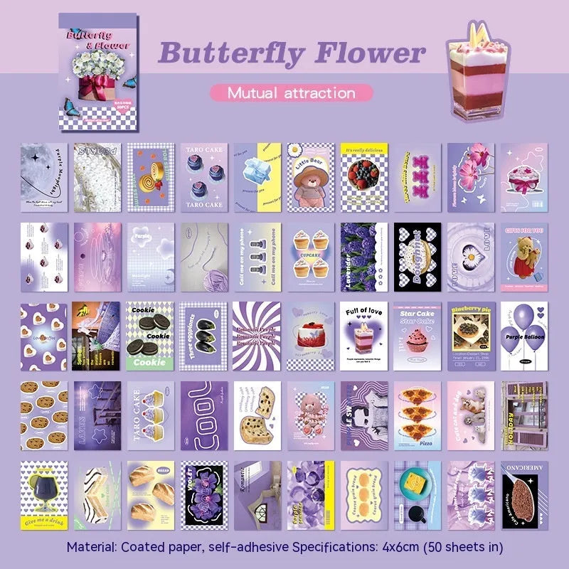 American retro cartoon sticker book with 50 adhesive 4x6cm journal decoration stickers in six colours