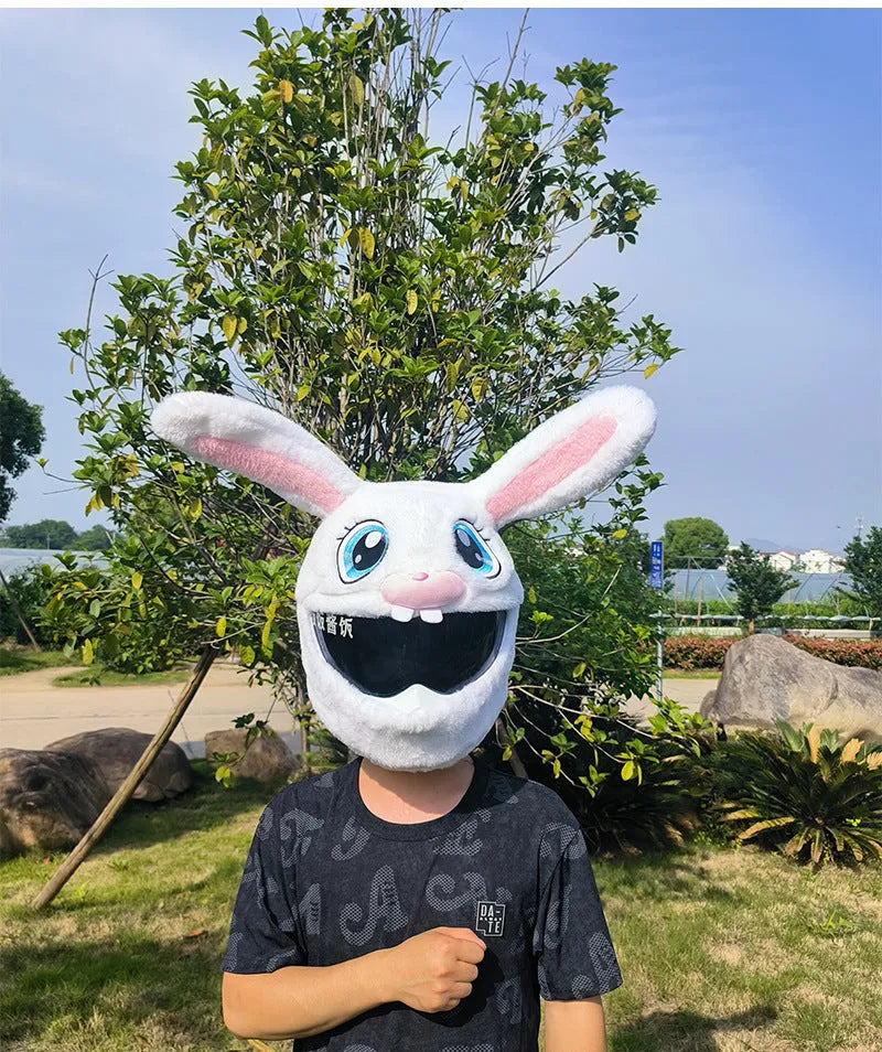White rabbit head decorative cover for electric motorcycle helmet with plush interior