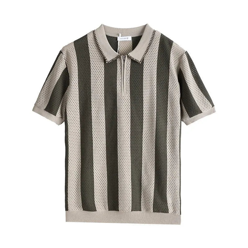 Men's striped ice silk short sleeve sweater with zipper decoration in multiple colours