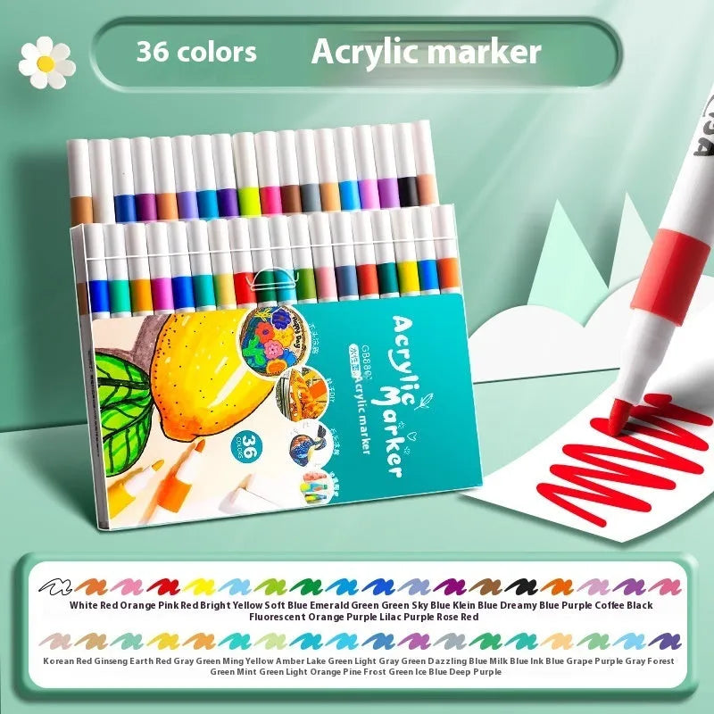 Box of multicoloured acrylic marker pens for student art and painting projects.