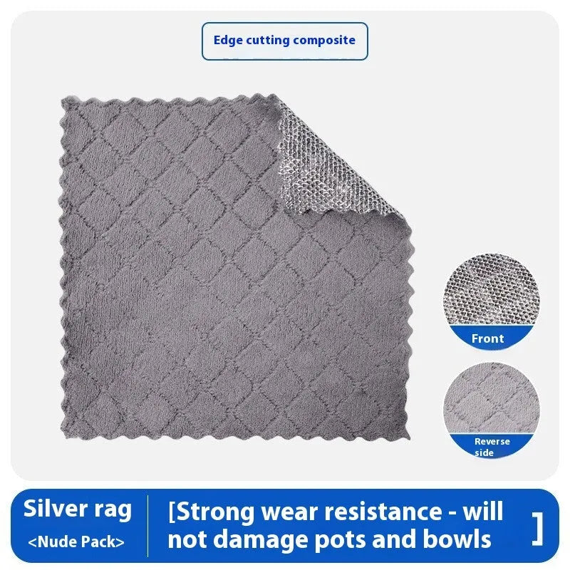 Silver steel wire and microfiber double-sided cleaning rag for scrubbing pots and wiping bowls.