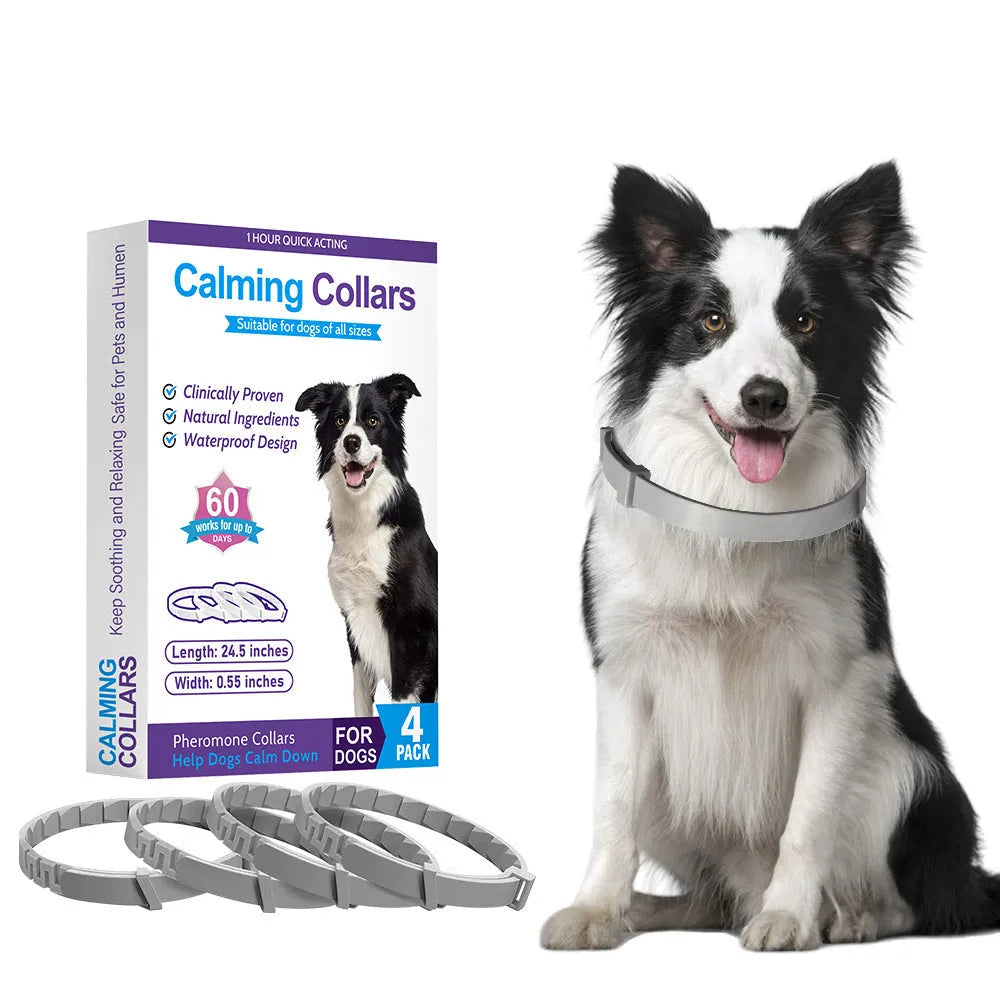 Four dog anxiety relief collars in different colours with adjustable 62cm TPR construction