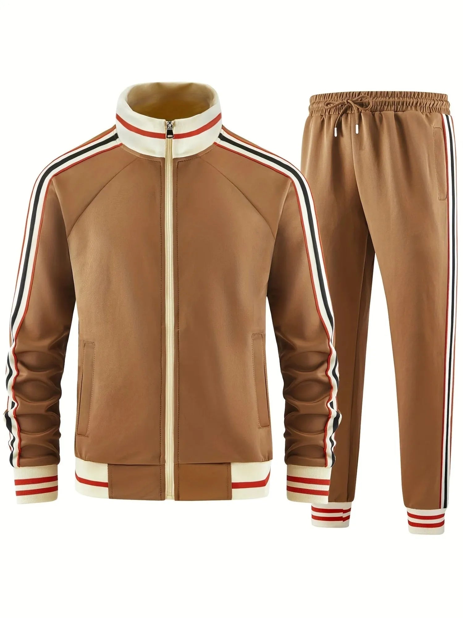 Khaki coloured polyester turtleneck zipper cardigan top and matching trousers leisure suit