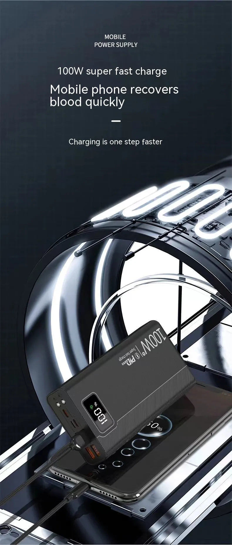 Large capacity power bank in black or white plastic case with fast charging function