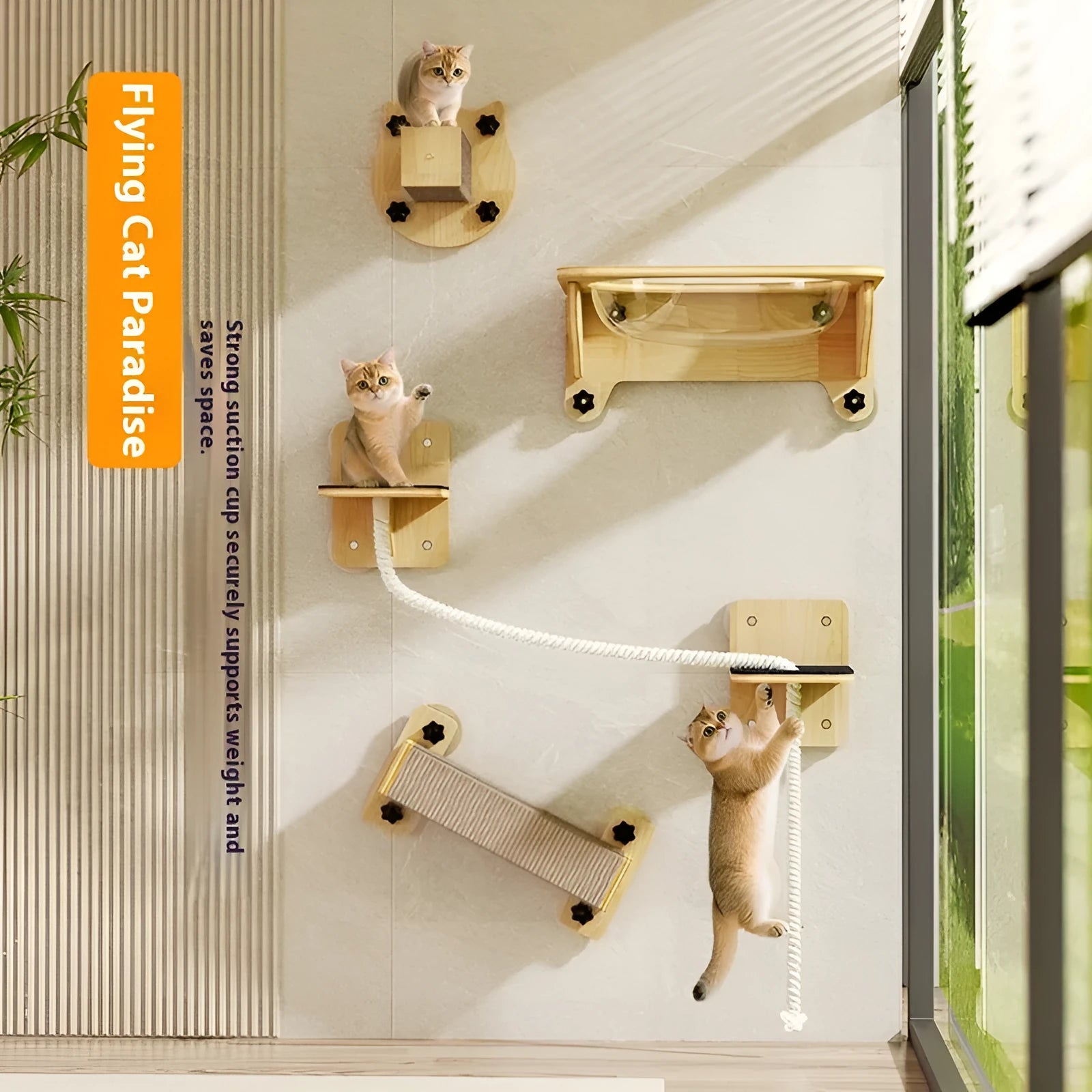 Space capsule cat scratching post mounted on wall with sisal scratching surface