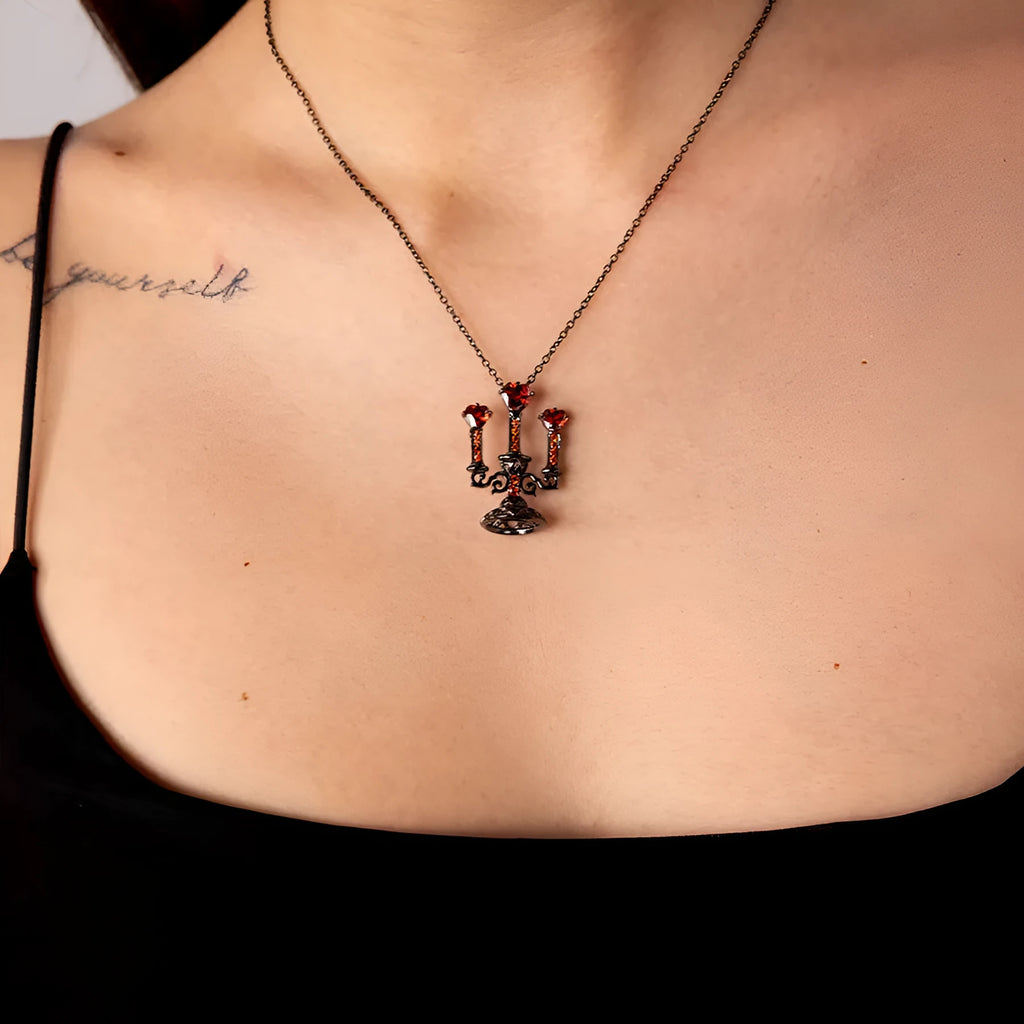 Zinc alloy gothic necklace with hollow candlestick pendant and cross chain in retro colour.