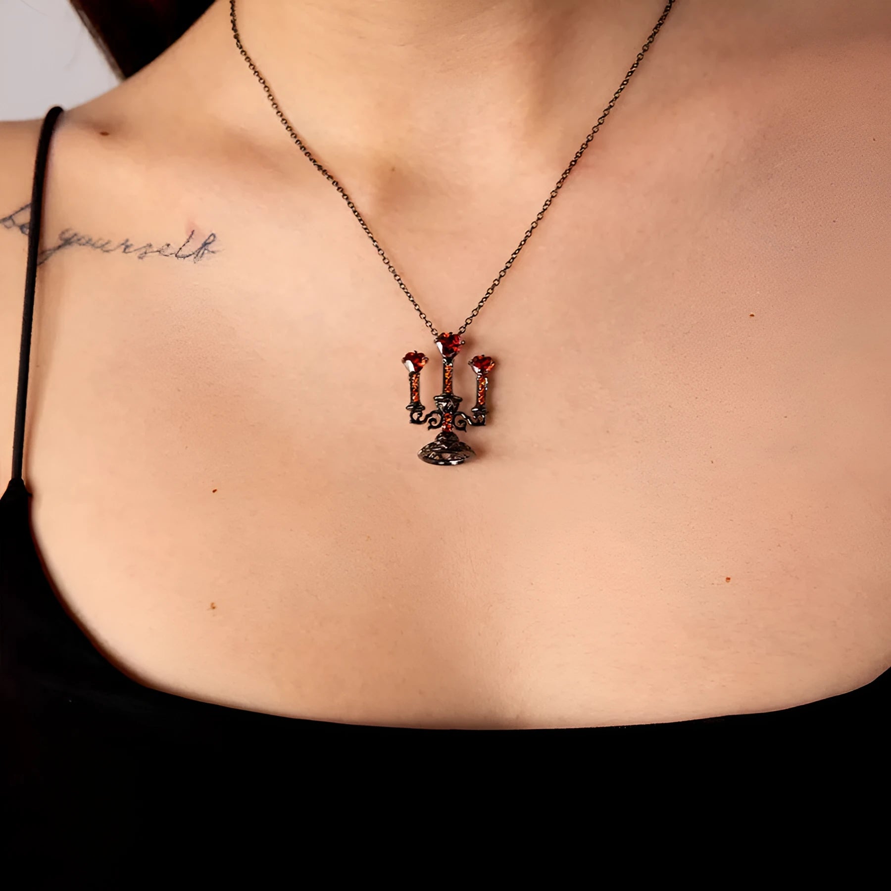 Zinc alloy gothic necklace with hollow candlestick pendant and cross chain in retro colour.