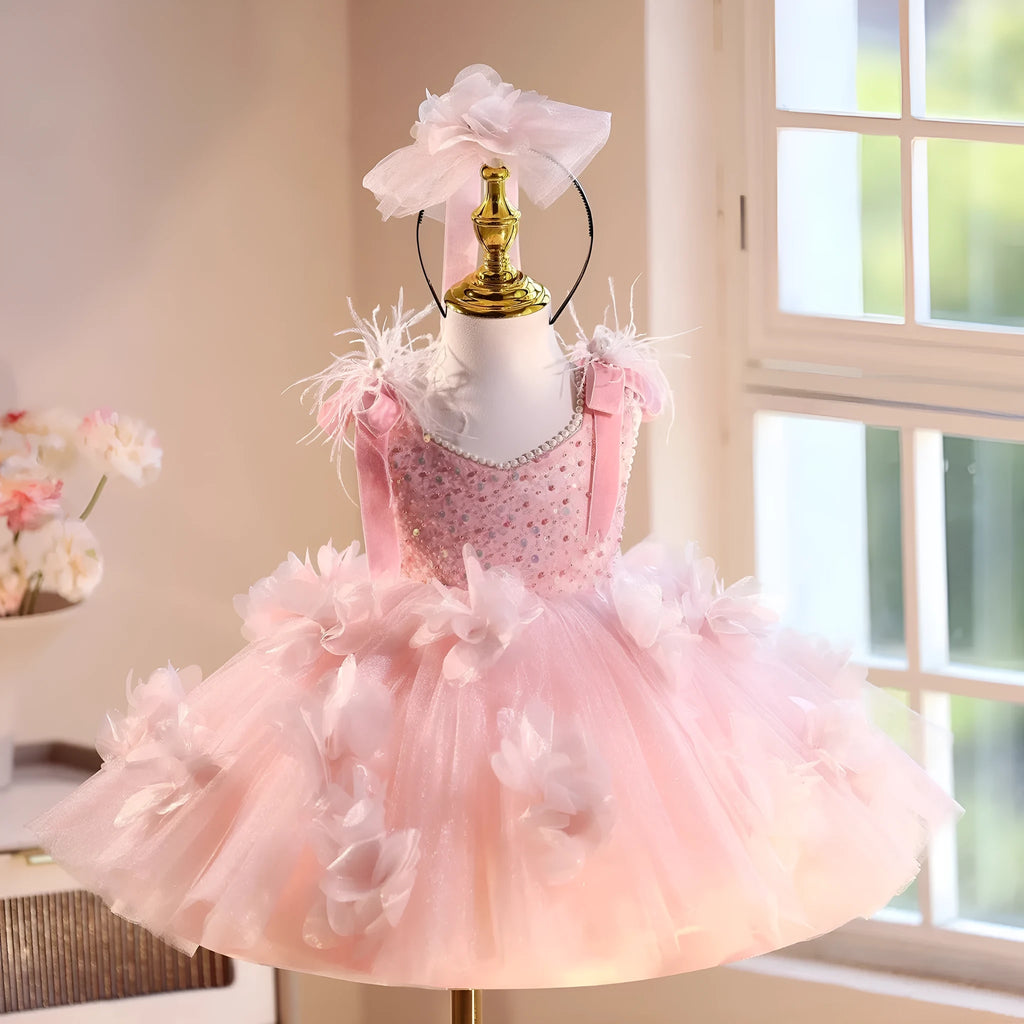 Pink polyester girls' princess dress for piano recital, suitable for height 80-150cm
