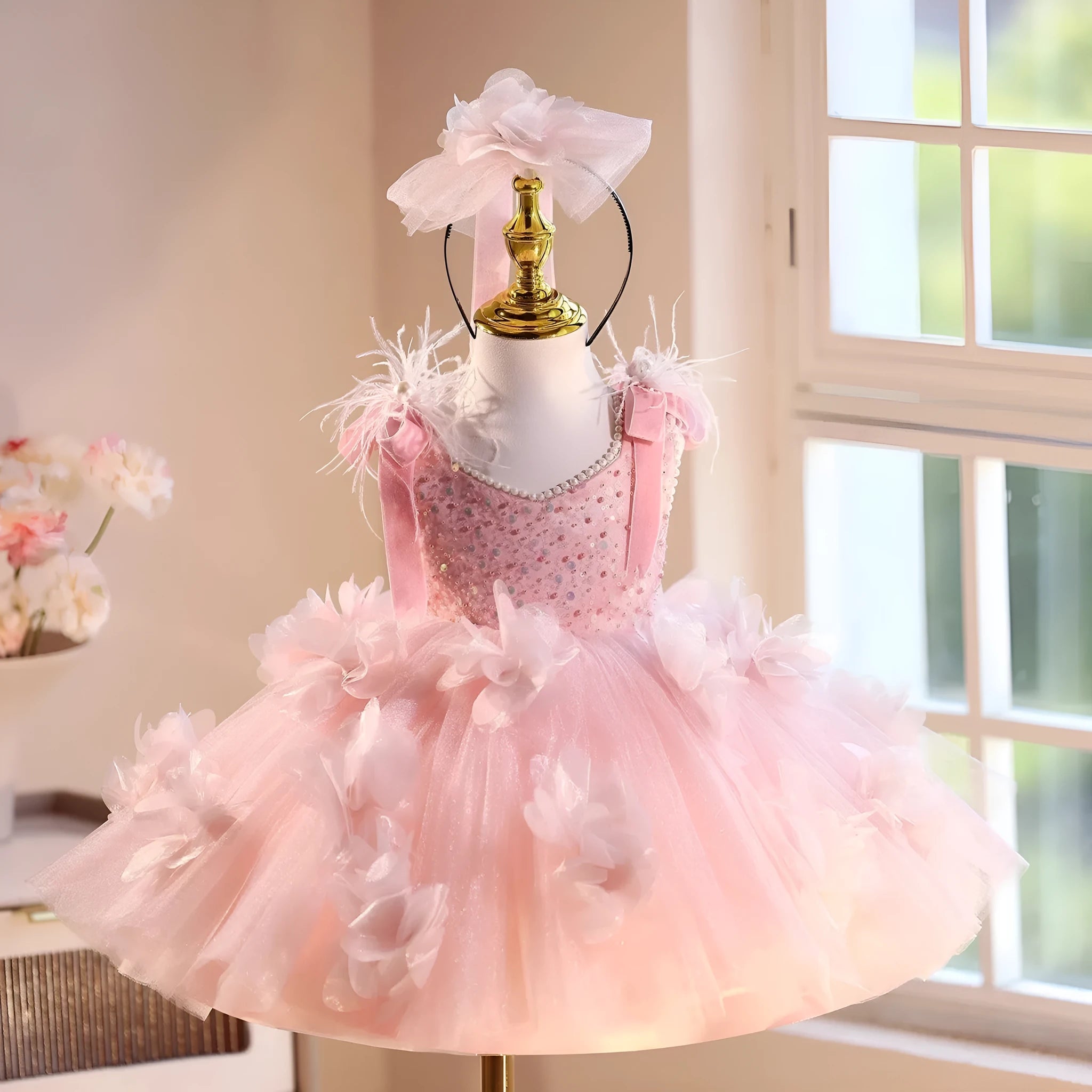 Pink polyester girls' princess dress for piano recital, suitable for height 80-150cm