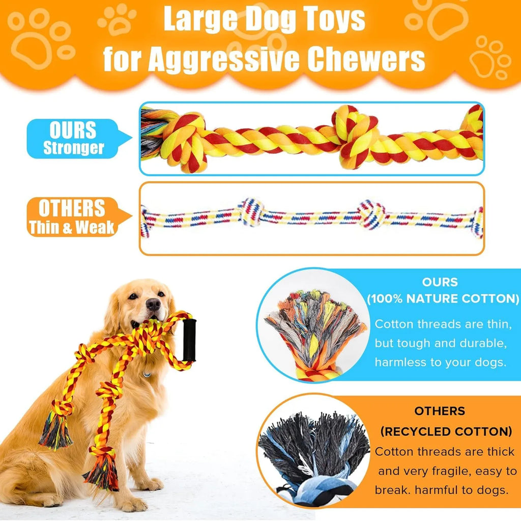 Blue and yellow cotton rope dog toy with ergonomic handle for large breed aggressive chewers