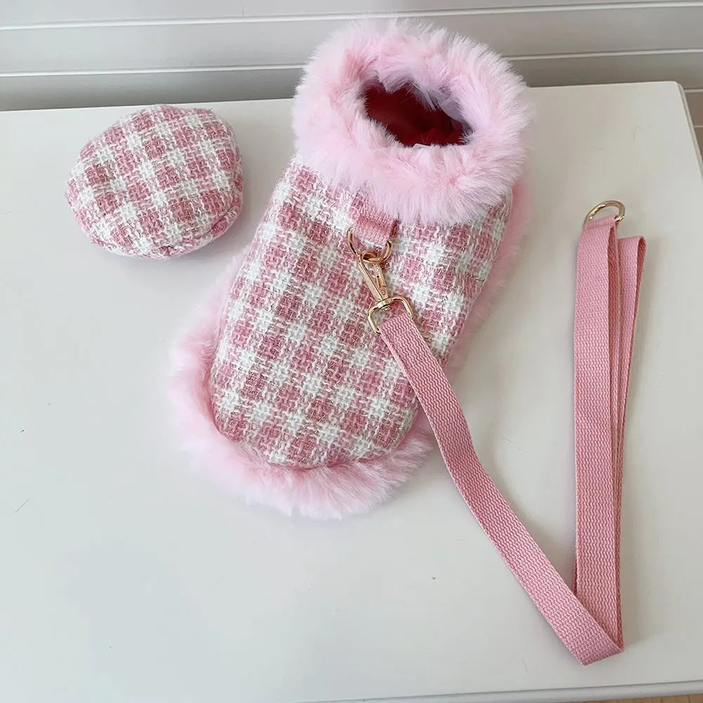 Pink cat clothing set with beret, cloak and hand holding rope for female cats