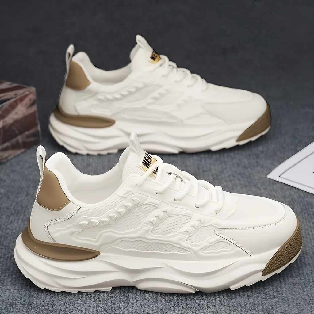 Men's white and black breathable mesh casual shoes with round toe, shown from the side.