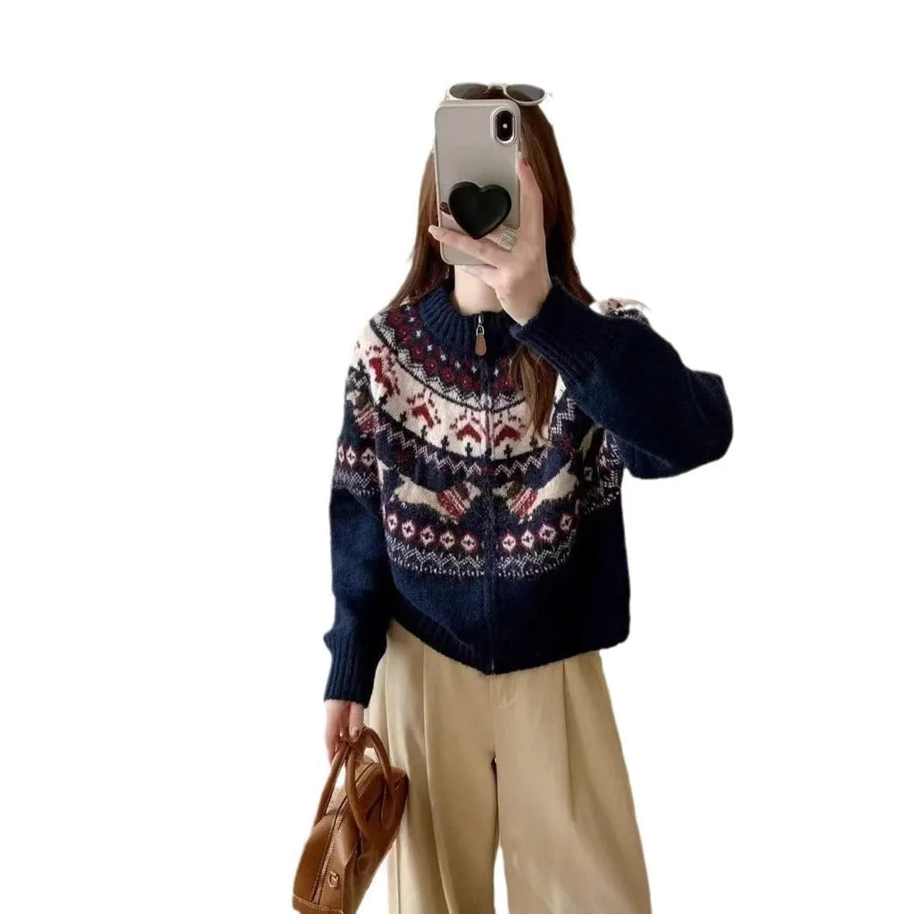 Ethnic style jacquard pullover sweater with 3D pattern in beige apricot colour showing round neck and regular sleeves