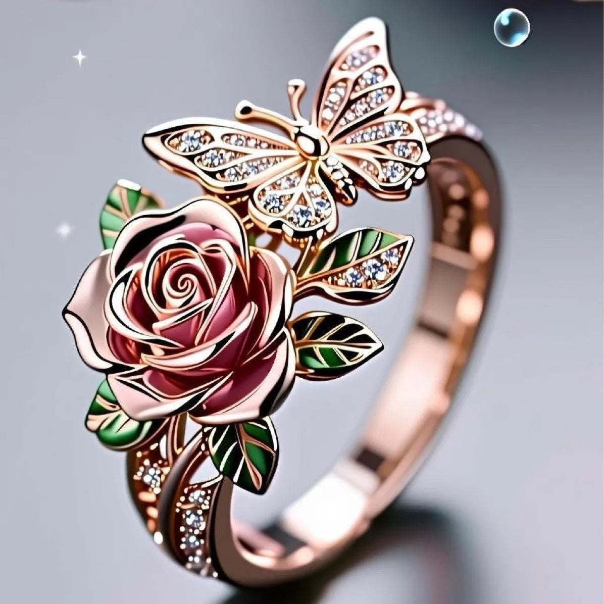 Adjustable butterfly personality ring with colourful oil drip finish showing rose and leaf design elements