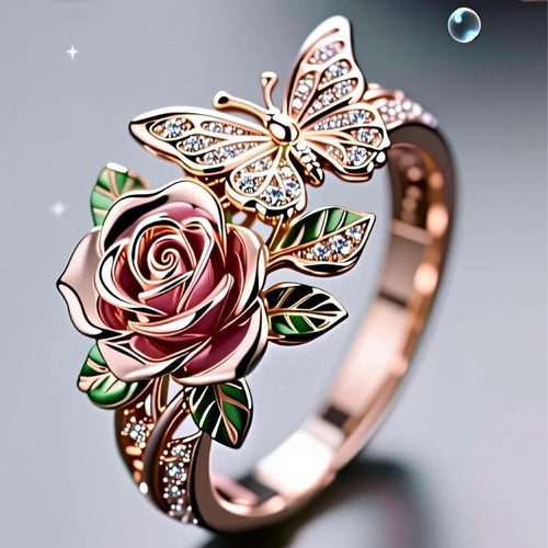 Adjustable butterfly personality ring with colourful oil drip finish showing rose and leaf design elements
