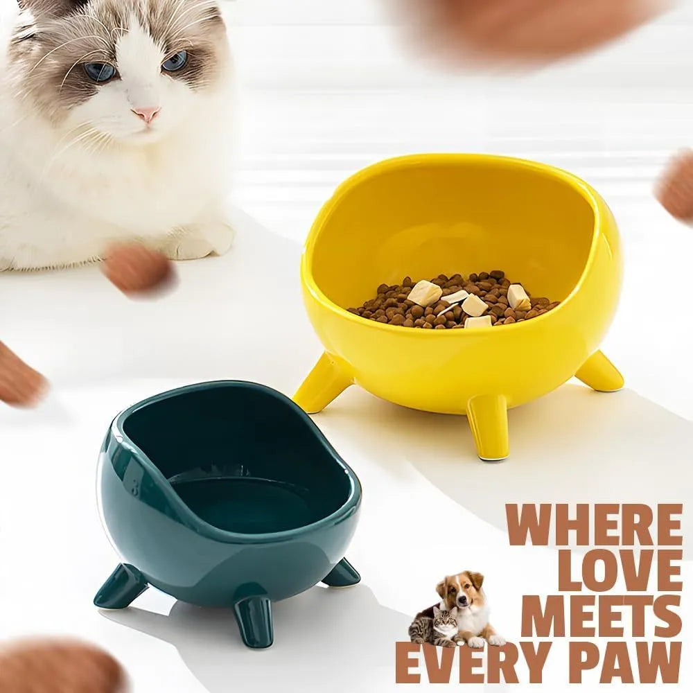 Green four-legged ceramic cat food bowl with elevated base and wide mouth design