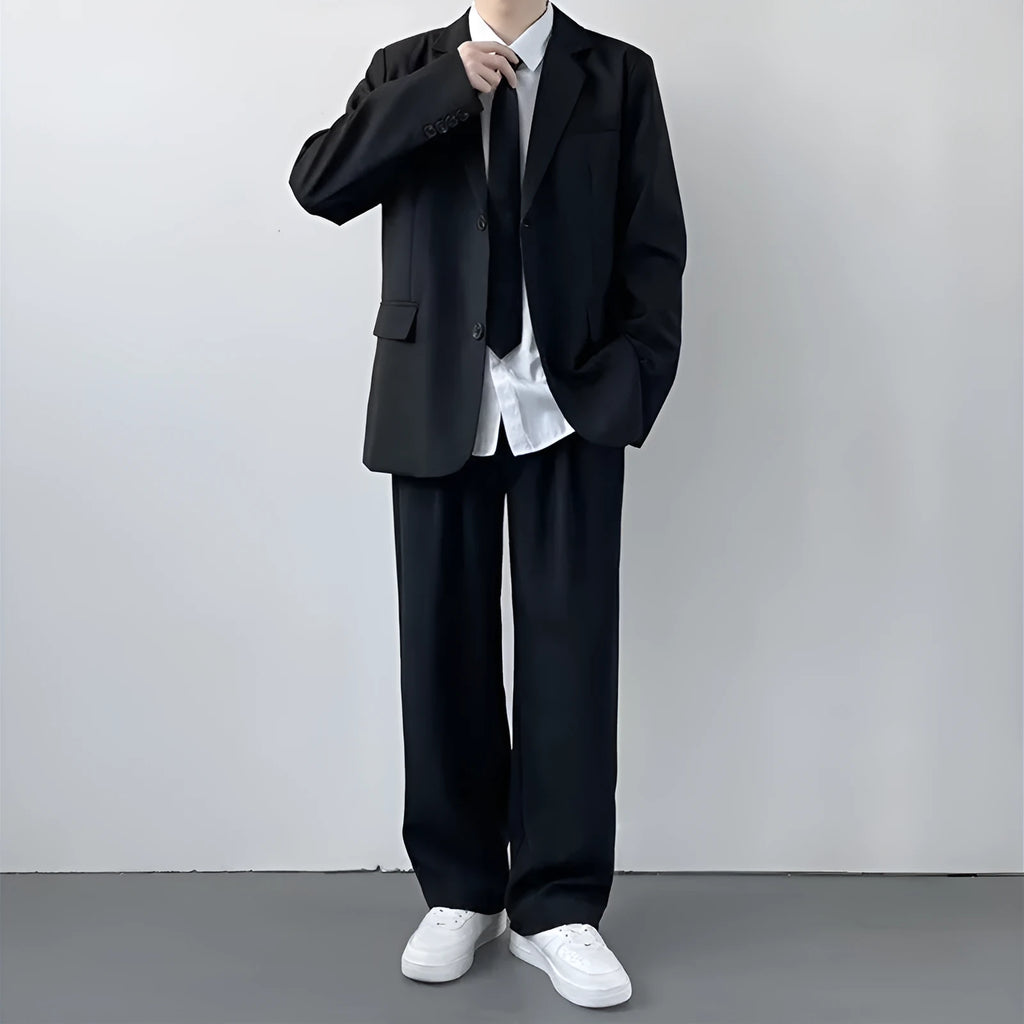 Plus size men's college style loose fit suit set with trousers, white shirt, and red tie